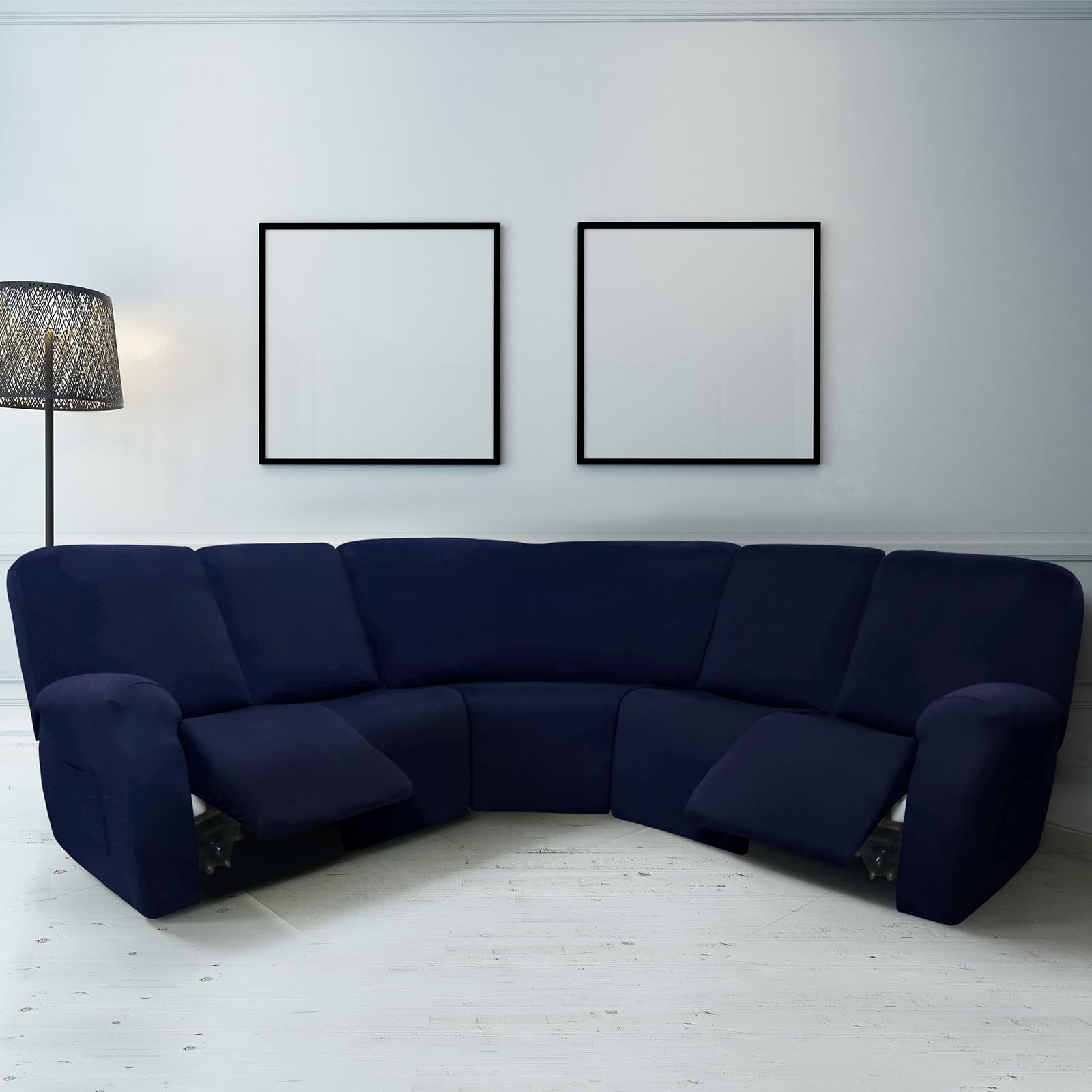 7 Pcs L Shape Sectional Recliner Sofa Covers 5 Seat Sectional Couch Covers Milk Silk Velvet Stretch Reclining Sofa Cover Sofa Slipcover Furniture Protector for Living Room (Navy Blue,Milk Silk)