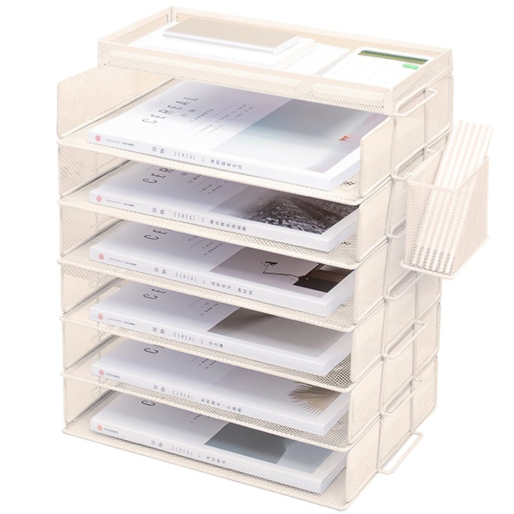 ZESLIV Desk Organiser with File Holder, 6-Tier Paper Organiser with Drawer and Pen Holders, Mesh Desk File Organiser with Magazine Holder for Office Organiser, Beige