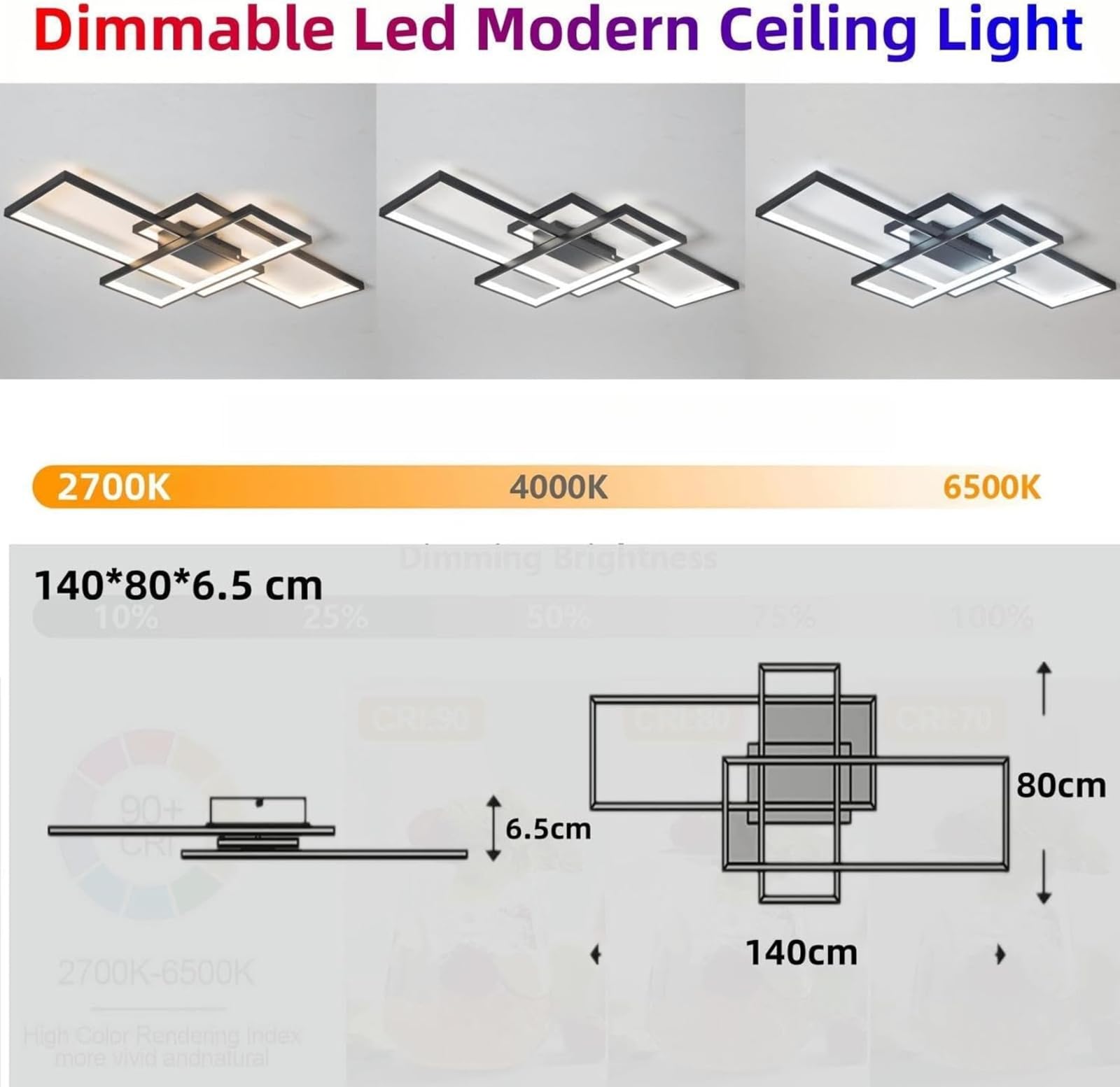 Jsz Deckenleuchte Wohnzimmer 140CM Moderne Deckenlampe LED Wohnzimmerlampe | Stufenlos dimmbar,flimmerfrei,hohe Lichtdurchlässigkeit,korrosionsbeständig,elegantes Design,mit Fernbedienung