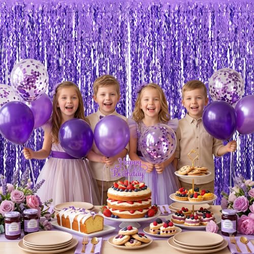 Image of TONIFUL 2Pcs Wavy Light Purple Metallic Foil Fringe Curtain Laser Streamers | 3.3ftx6.6ft Photo Booth Backdrop Door Streamer Curtain, Props for Bachelorette Mermaid-Themed Birthday Graduation Decoration