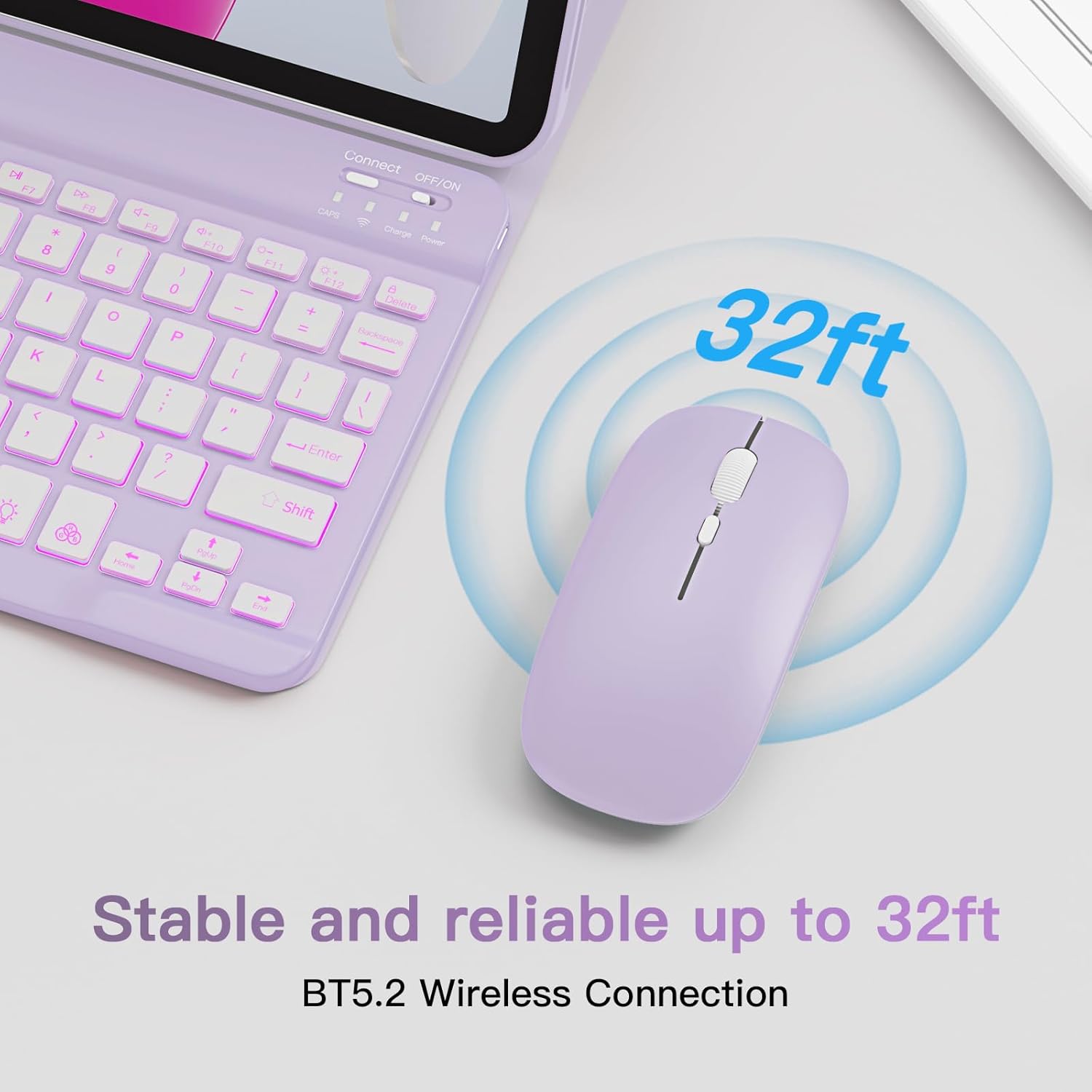 RAYMCRAFT for iPad 11th (A16, 2025) / 10th Generation Case with Keyboard, Mouse and Detachable Wireless Keyboard, 7-Color Backlight, Slim Case with Pencil Holder, Light Purple