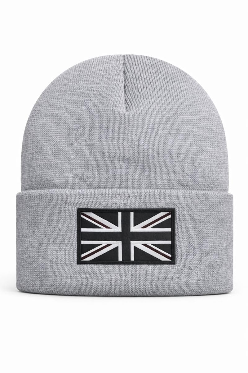 Beyond Happy Unisex Grey Black & White Union Jack Beanie Hat – Winter Knit Hat With Embroidered Uk Flag – 100% Acrylic (Grey)