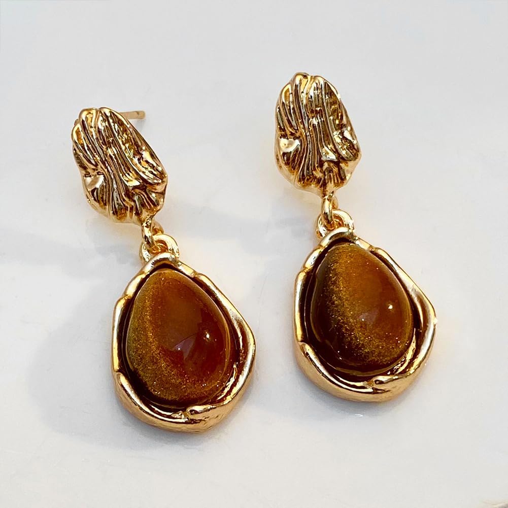 Brown Gold Statement Earrings for Women Trendy, Vintage Geometric Gem Stone Drop Hanging Earring Unique Irregular Crystal Stud Jewelry Accessories - Image 6