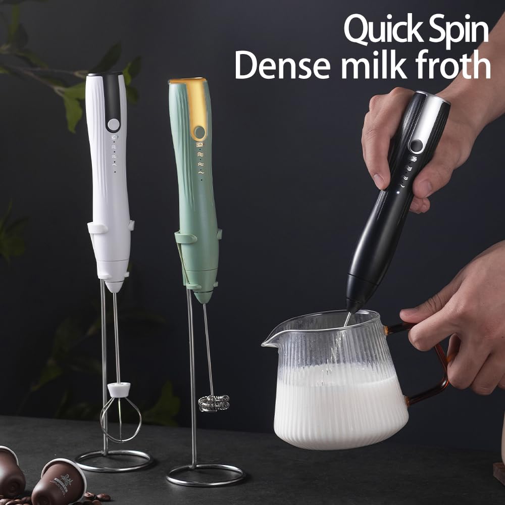 Ruciko - Espumador de leche eléctrico recargable de 3 velocidades, acero inoxidable, mini de mano. Carga rápida tipo C para lattes, café, batir huevos y chocolate caliente. Con cabezal de espuma de