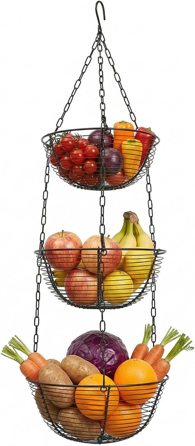 3 Etagen Obstkorb zum Aufh ngen mit Deckenhaken K che Gem sekorb H ngend Obstschale H ngender Aufbewahrungskorb H ngekorb Obstkorb zur Aufbewahrung