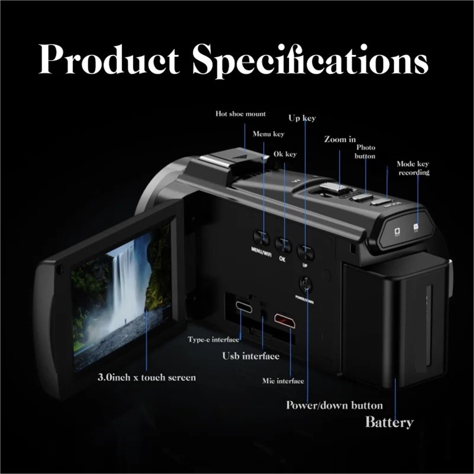 Videocamera digitale con videocamera 5K HD 48MP, zoom 16x Touchscreen IPS da 3,0 pollici Rotazione di 270° sensore CMOS Leggero
