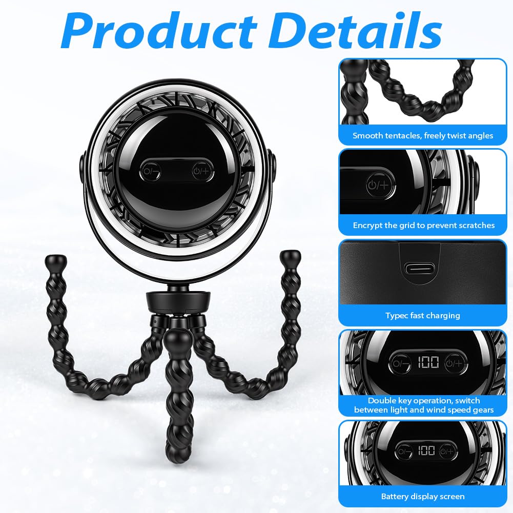 Vicloon Ventilatore Portatile per Passeggino, con Display Digitale e Clip di Fissaggio, Supporto Flessibile per Treppiede, Mini Ventilatore Portatile con Tre Luci e 100 Velocità (Con display， Nero)