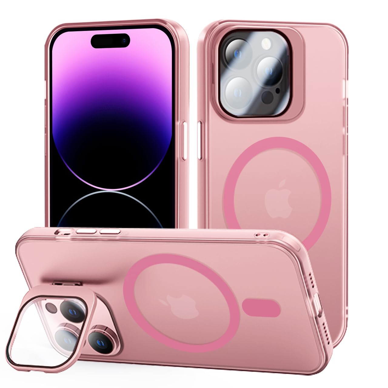 Tigratigro Cover con Cavalletto,Compatibile con iPhone 14 Pro Max,Protezione Fotocamera H9 vetro temperato,Custodia Posteriore Glassata Traslucida, Anti-Impronte,Sensazione di Velluto (Sakura Pink)