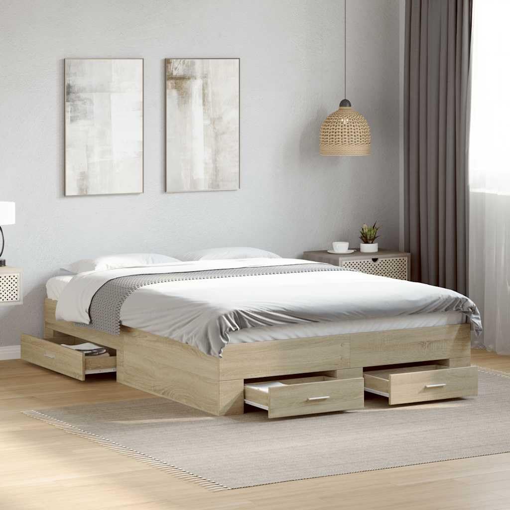 vidaXL Cama con Cajones, Somier Doble de Invitados, Estructura de Cama, Mueble para Dormitorio, Madera de Ingeniería Roble Sonoma 135x190 cm