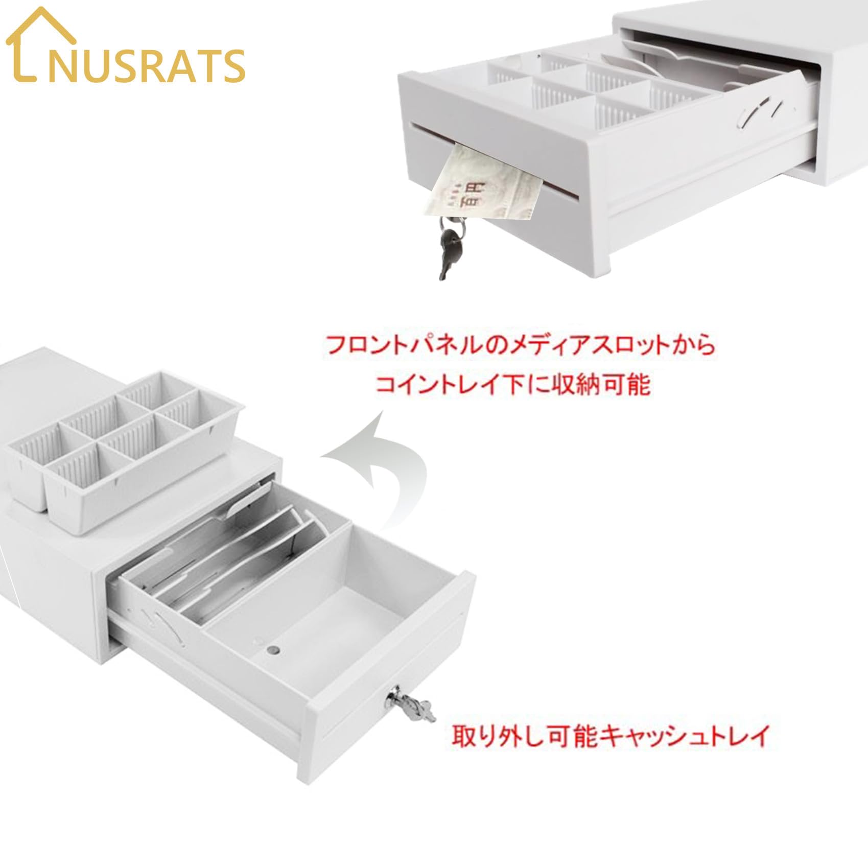 NUSRATS キャッシュドロア 小型 手動式 キャッシュドロアー 紙幣3種・硬