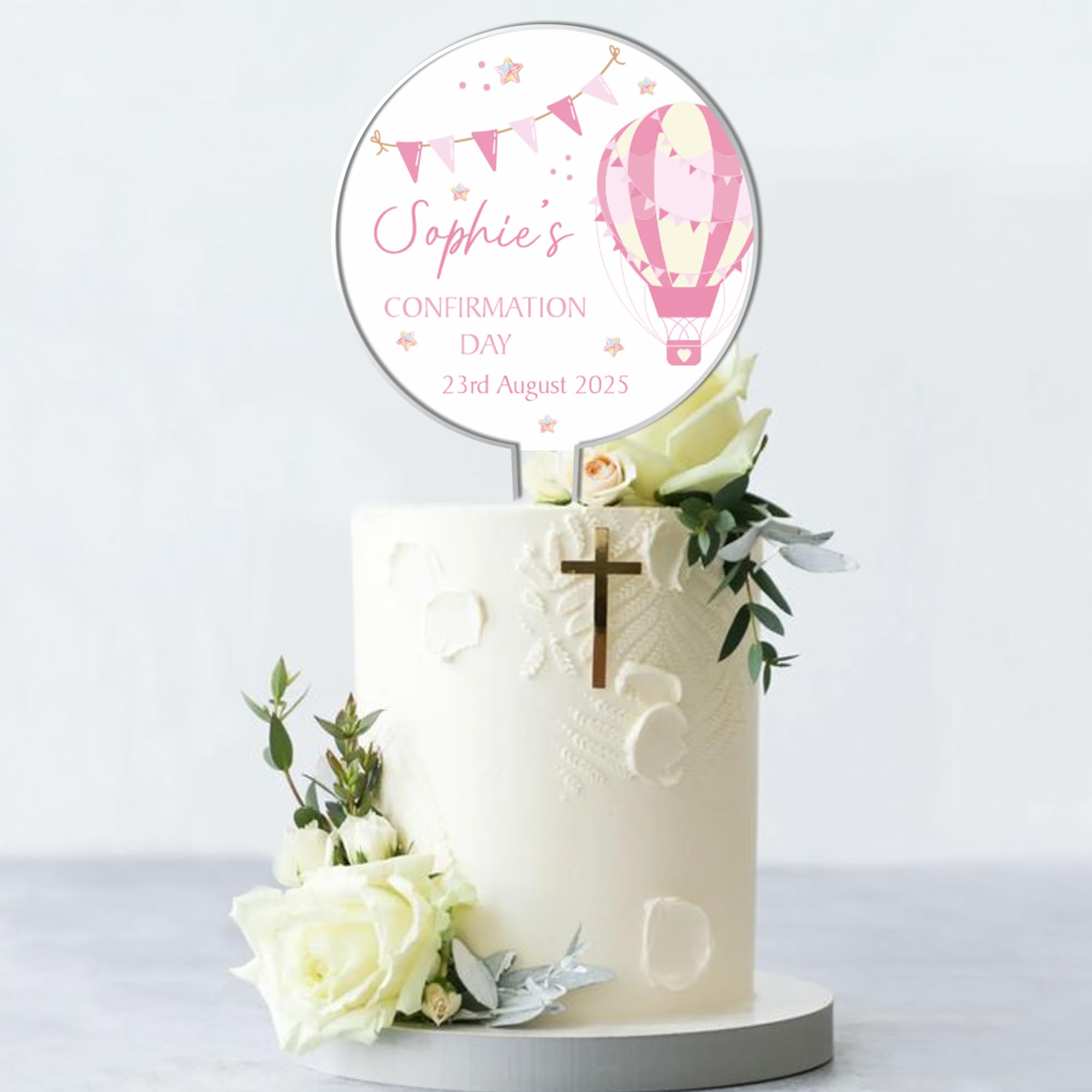 Personalised Acrylic Cake Topper for Religious Celebrations β Communion, Confirmation, Christening - Custom Childβs Name & Date with Hot Air Balloon Design (Confirmation, Pink)