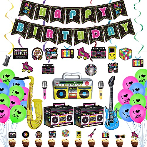 80S Party Decorations - Including Happy Birthday Banner, Inflatable Boom Box, Guitar, Microphone, Saxophone, 80S Element Bunting, Hanging Swirls, Balloon, For 80S Birthday Party Decorations #TOP11