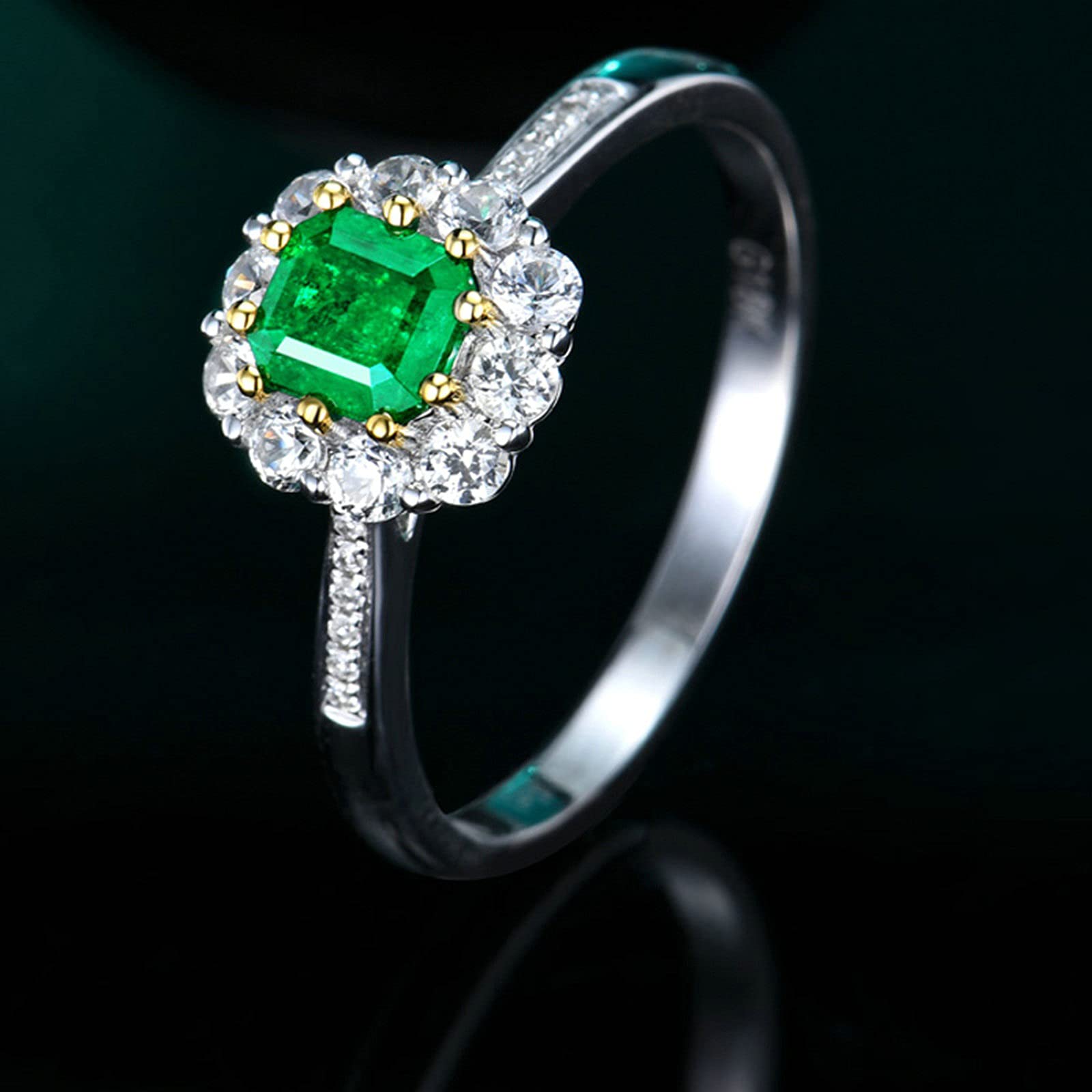 Anillo de compromiso para mujer de platino, anillos de promesa de boda con esmeralda de 0,5 quilates y moissanita, tamaño H 1/2-V 1/2