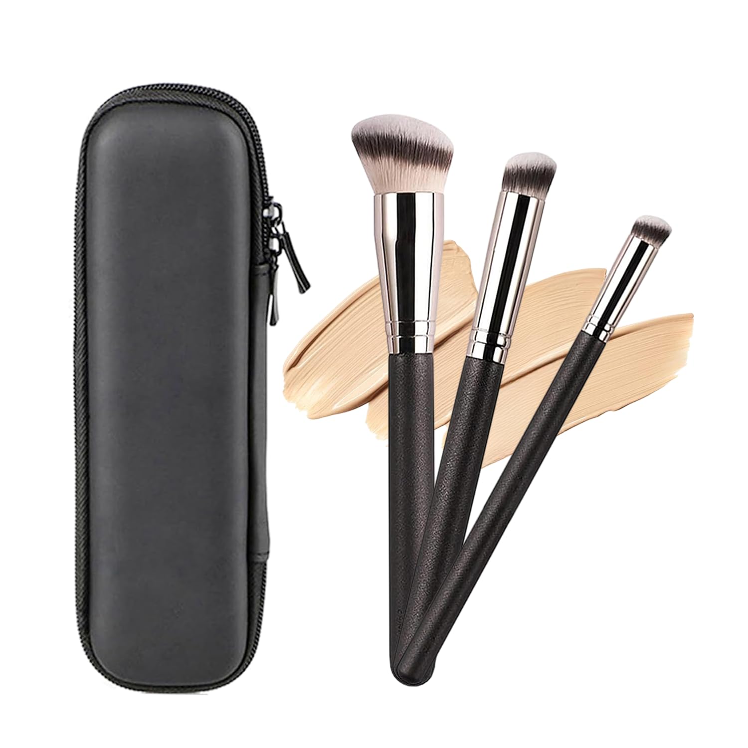 – 3Pcs Makeup Brushes with Case, Slanted Foundation Brush Face Brush Concealer Brushs Make Up Brushes Kit Flawless for Blending Liquid Cream and Powder, Buffing, Stippling
