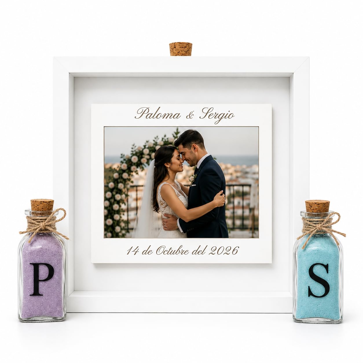 Genérico Ritual de Arena Personalizado para Boda con Marco 25x25 cm, Foto y Botellas de Arena de Colores | Ceremonia de Arena para Novios | Decoración y Recuerdo de Boda Personalizado