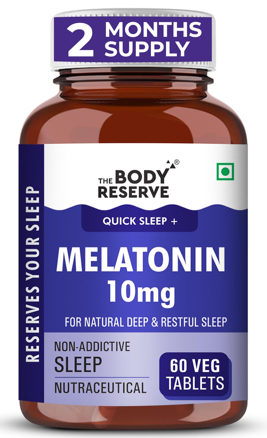 The Body Reserve Melatonin 10mg - 60 Veg Tablets for Sleep Support, Nerve Relaxation, and Stress Relief - Non-Habit Forming for Men & Women