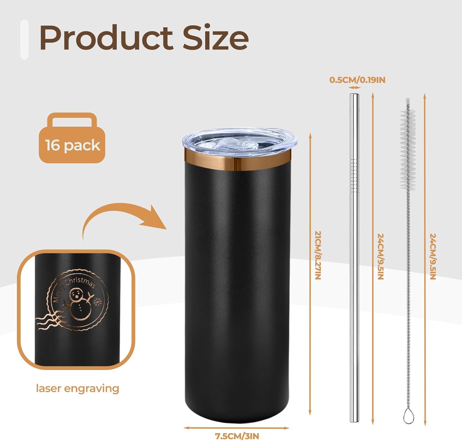 16 Pack Rose Gold Plated Stainless Steel Tumbler Straight Double Wall Powder Coated for Laser Engrave, 20oz Black to Bronze - Image 2