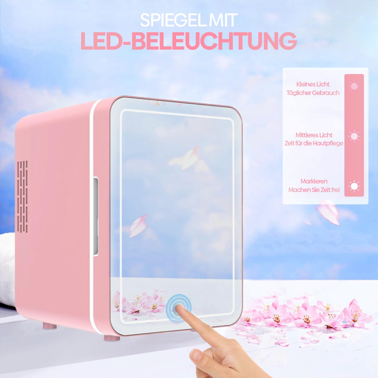 Olvy Kosmetik Kühlschrank 4 Liter, Tragbarer Mini Kühlschrank mit LED Spiegel, Klein Skincare Fridge, Kühl und Heiß für Zimmer, Rosa