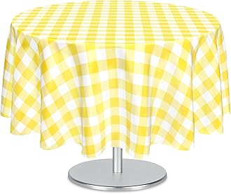 Mulbozy 2 Pcs Yellow Gingham Round Tablecloth, 84 inches Disposable Plastic Yellow and White Checkered Circle Table Covers for Baby Shower Wedding Bridal Shower Birthday Party Decorations