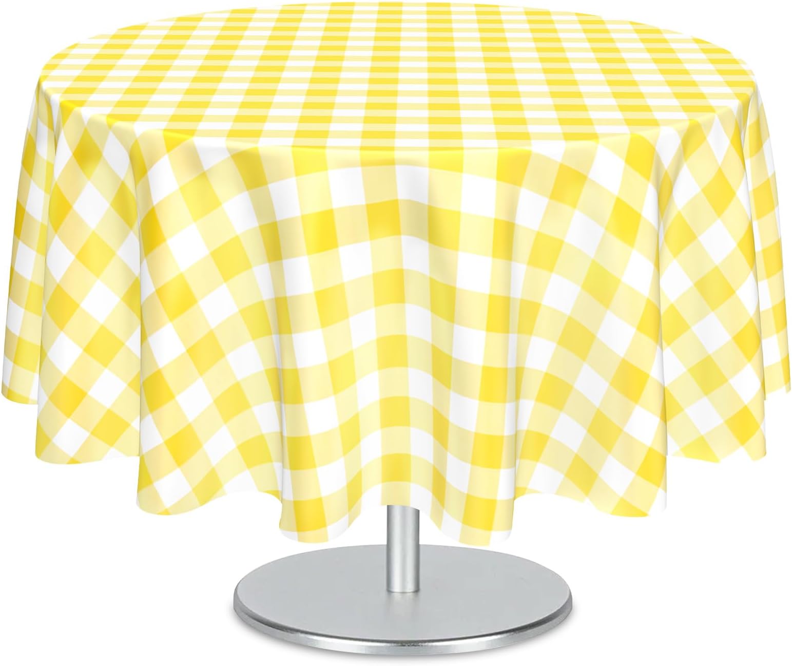 Mulbozy 2 Pcs Yellow Gingham Round Tablecloth, 84 inches Disposable Plastic Yellow and White Checkered Circle Table Covers for Baby Shower Wedding Bridal Shower Birthday Party Decorations