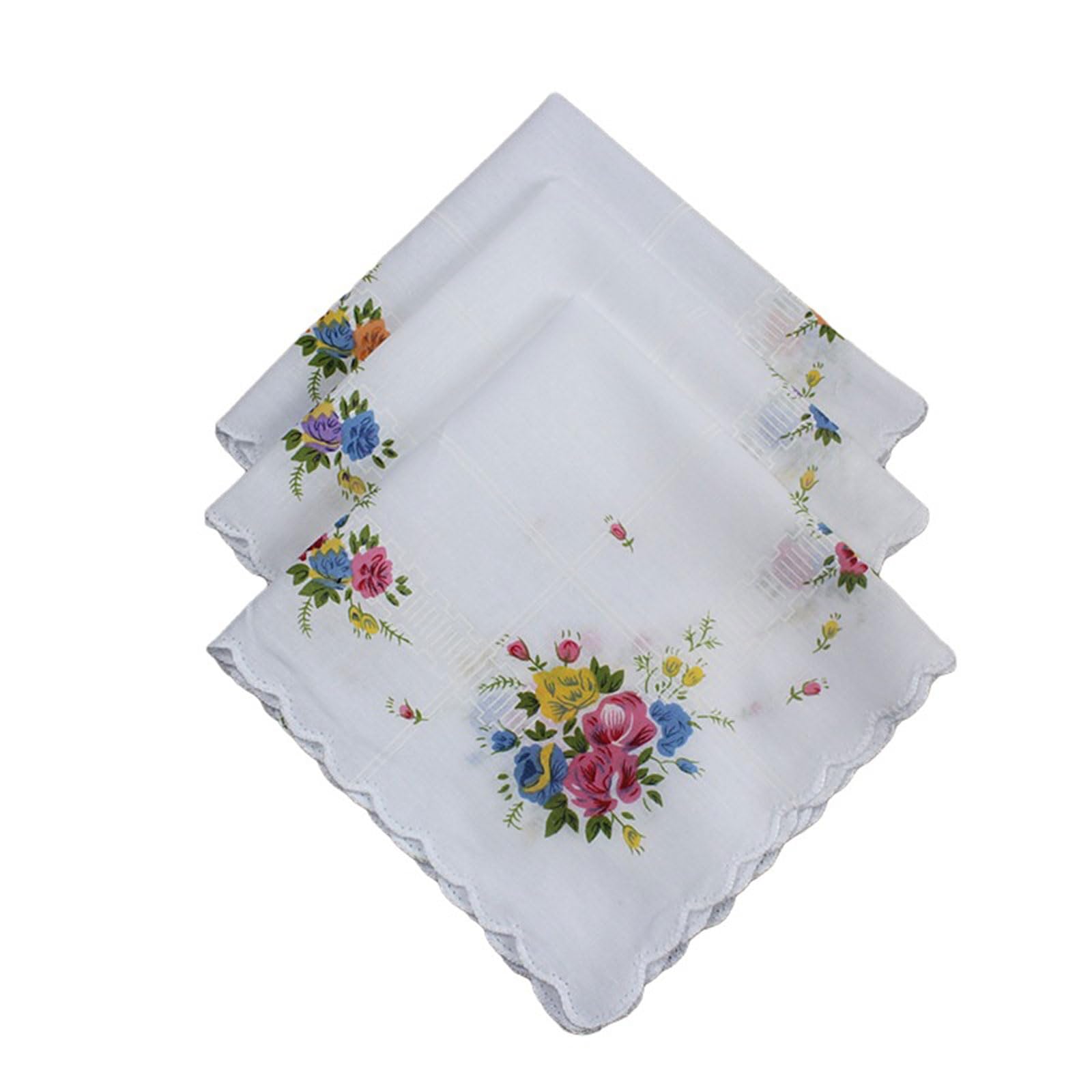 Fentency 3pieces Women Cotton Handkerchiefs Flower Embroidered with Lace Hankies Ladies Handkerchief for Afternoon Tea