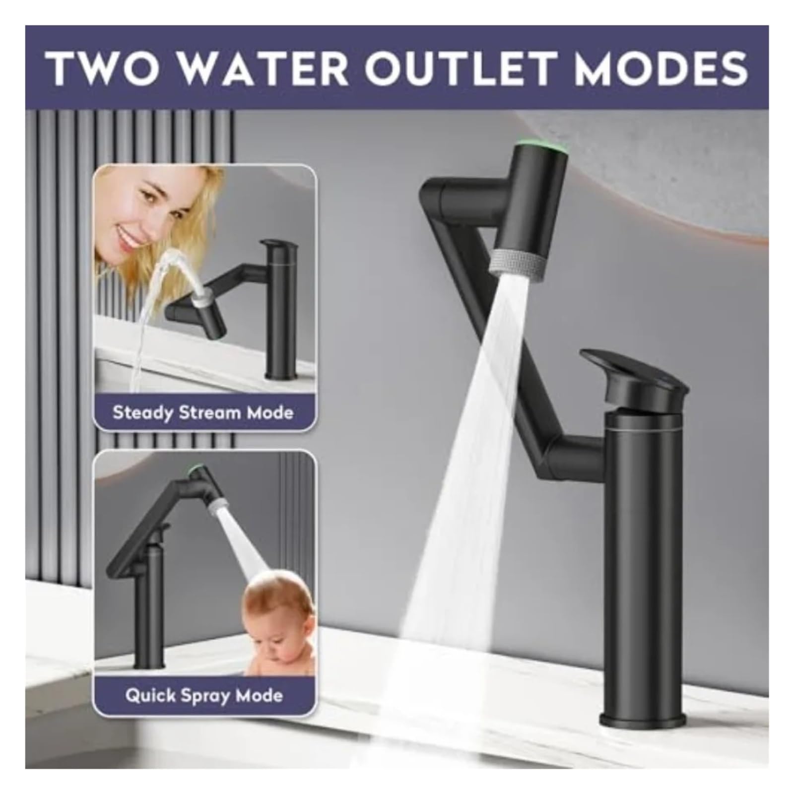 Grifo giratorio para baño 1080, mezclador de lavabo altura ajustable con pantalla LED temperatura,Seguro y Confiable(Chrome)