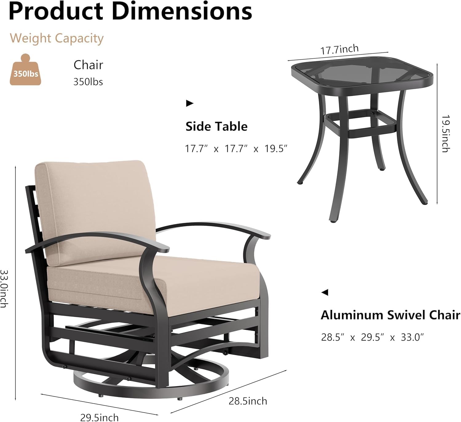3 Piece Aluminum Swivel Rocking Chair Set, Outdoor Patio Swivel Gliders Chair with Glass Top Coffee Table, Conversation Furniture Set Suitable for Patio, Lawn, Outdoor, Back Garden(Brown)