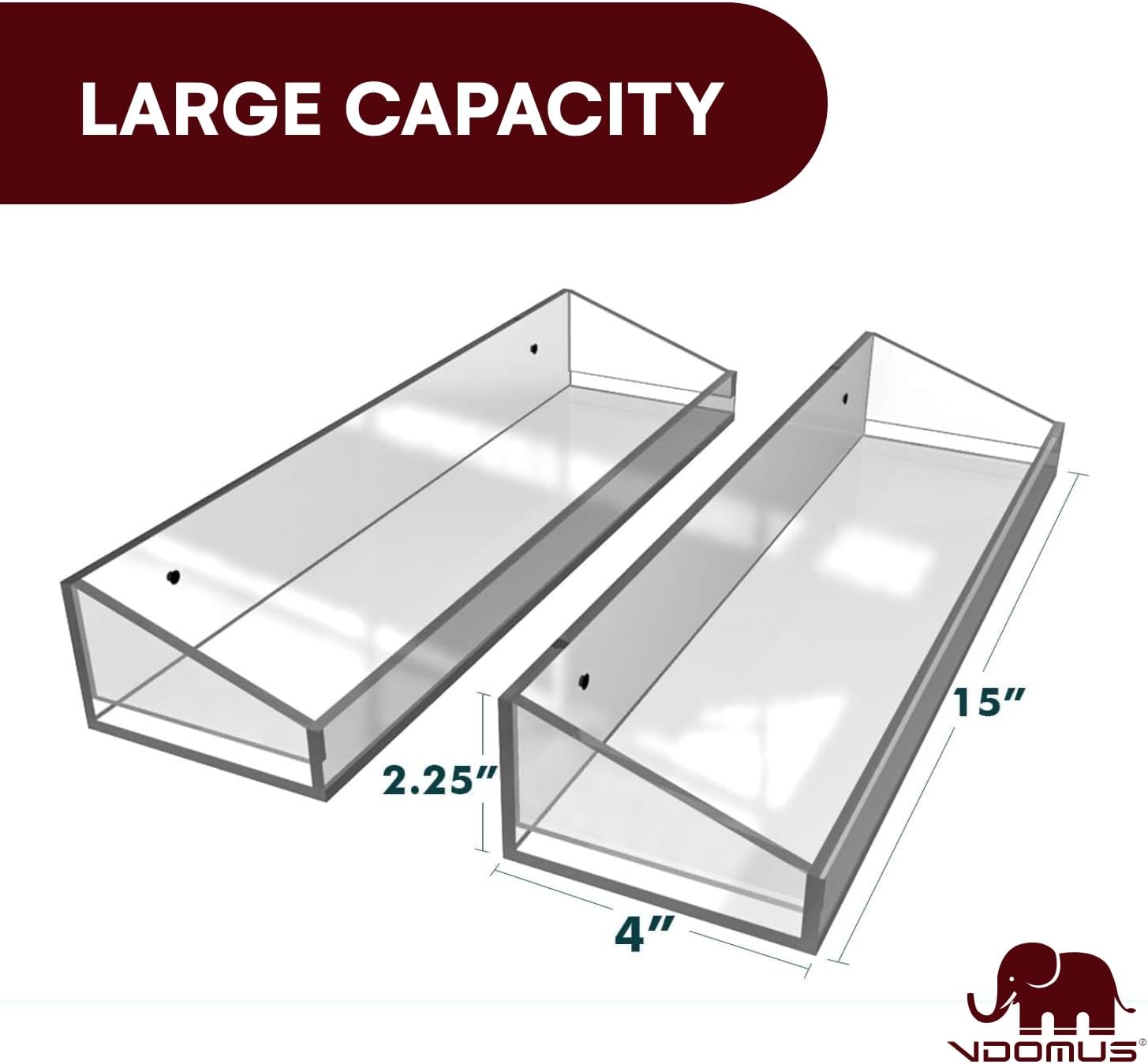 Vdomus Acrylic Bathroom Shelves, Set of 2-4" Dx15 Wx2.25 H Thick Wall Mounted Floating Shelves - Clear Storage and Display Shelving for Bathroom or Kitchen - No Drill Transparent Shower Organizer
