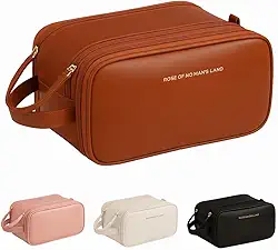 Necessaire Bolsa Organizadora de Maquiagem Couro Sintético Grande Capacidade com Duas Camadas, Alça Lateral, Divisórias Internas e Suporte para Pincéis – Ideal para Viagem (Marrom)