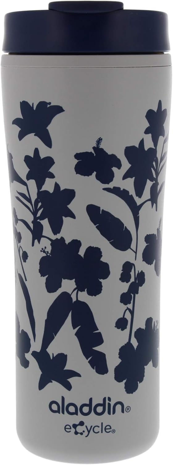 Aladdin eCycle Coffee Travel Mug, 16oz Tumbler with Leakproof Lid – An Ideal Recycled and Recyclable Travel Coffee Mug, Take Your Drink on the Go – Insulated Coffee Mug Fits in Cupholder, Navy Floral