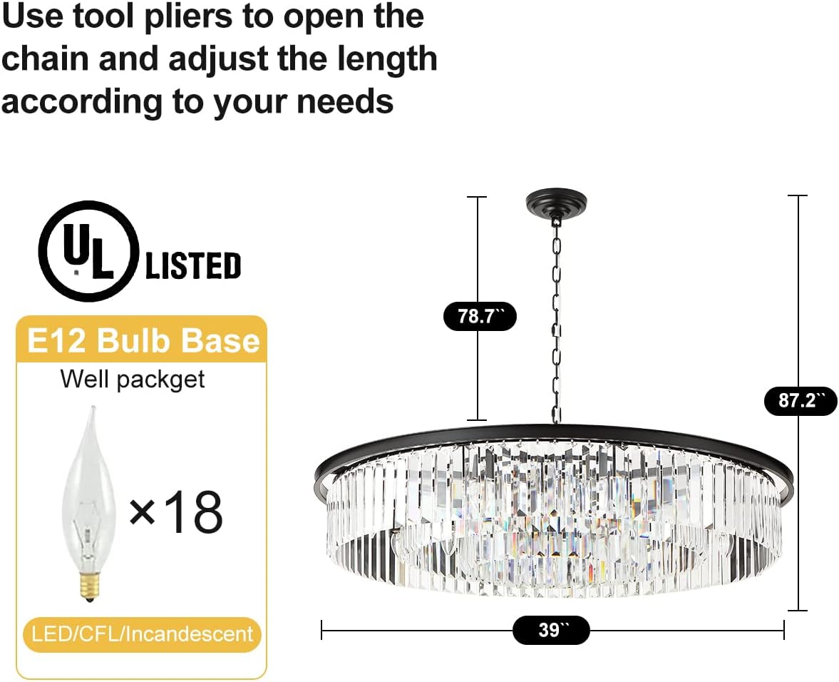 Large Crystal Chandelier Modern Luxury Black 39 inch Pendant Ceiling Lights Fixture for Dining Living Room 18-Lights 3-Tier Raindrop Chandeliers Lighting (Black, Dia 39 Inch)