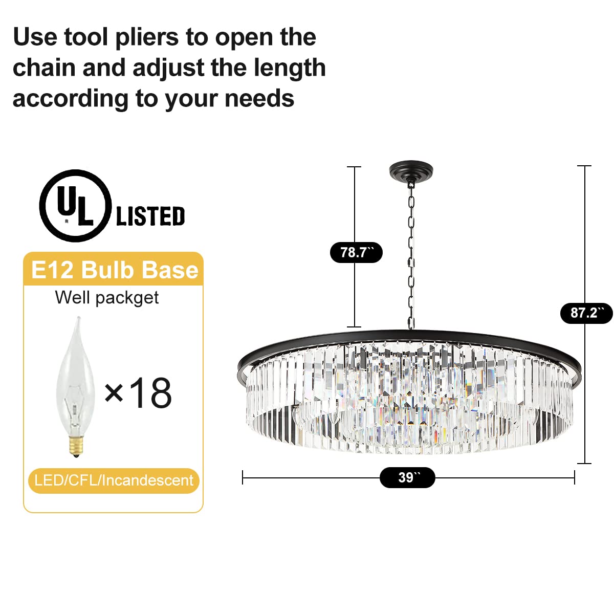 Lt-vt Large Crystal Chandelier Modern Luxury Black 39 inch Pendant