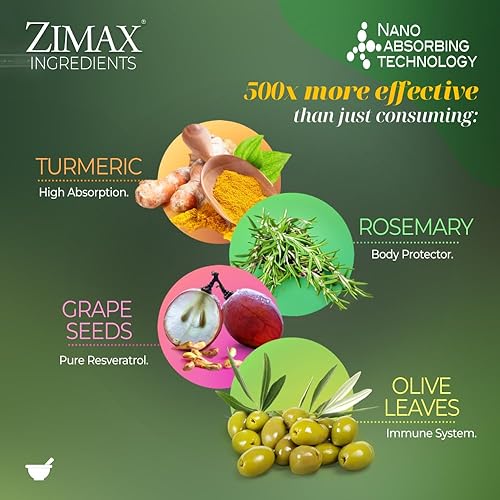 Miniatura 3 de ZIMAX Super antioxidante, 100% natural, curcumina de alta absorción, extracto de romero, extracto de semilla de uva, extracto de hoja de olivo ORAC