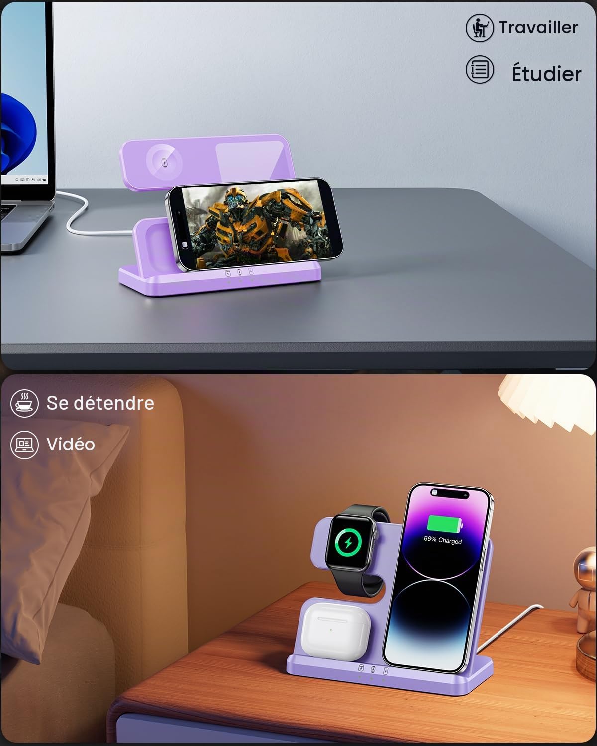 JARGOU Chargeur Induction 3 en 1 pour iPhone 15 14 13 12 11 Pro Max/XR/8/Samsung, Station de Charge pour Apple Watch 9/Ultra 2/SE/8/7/6/5/4, Base Chargeur pour AirPods Pro/3/2 (Violet)