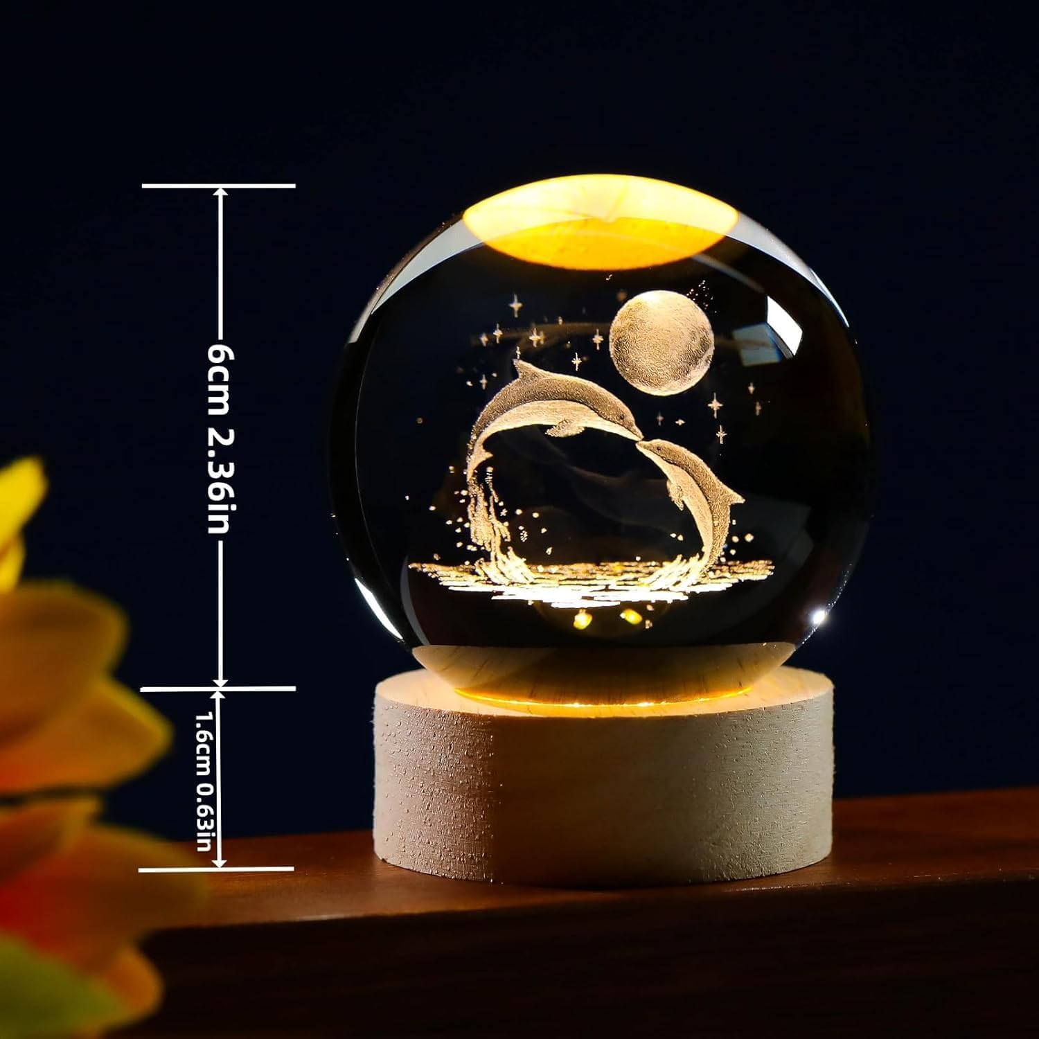 Kshavi 3D Solar System Crystal Ball, 3D Planets Wooden Base, Space Galaxy Crystal Ball, LED Night Light Tabletop Desktop for Home Decor, (Moon Dolphin) 1