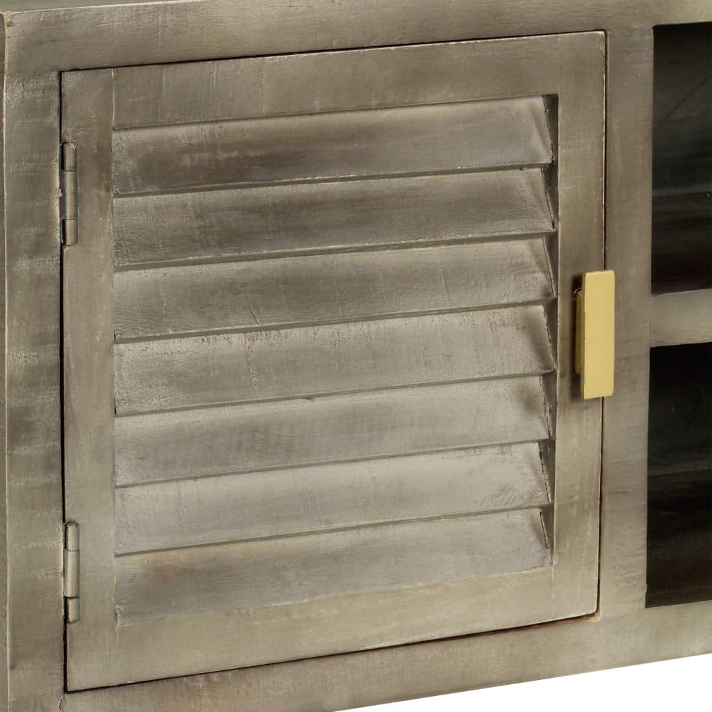 Hothingwell Mobile TV in legno massiccio di mango, 110 x 30 x 48 cm, colore: Grigio | 2 porte, 2 ripiani, gambe in acciaio ottone, archiviazione DVD e console