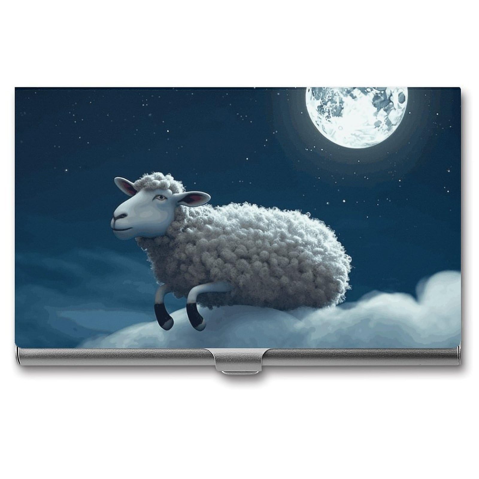DWVTSLH Sheep Flying over The Moon Business Card Holder, Slim Portable Metal Business Card Case Pocket Wallet Professional Name Cards Holder for 22-30 Cards, Credit Card ID Case/Holder for Men Women