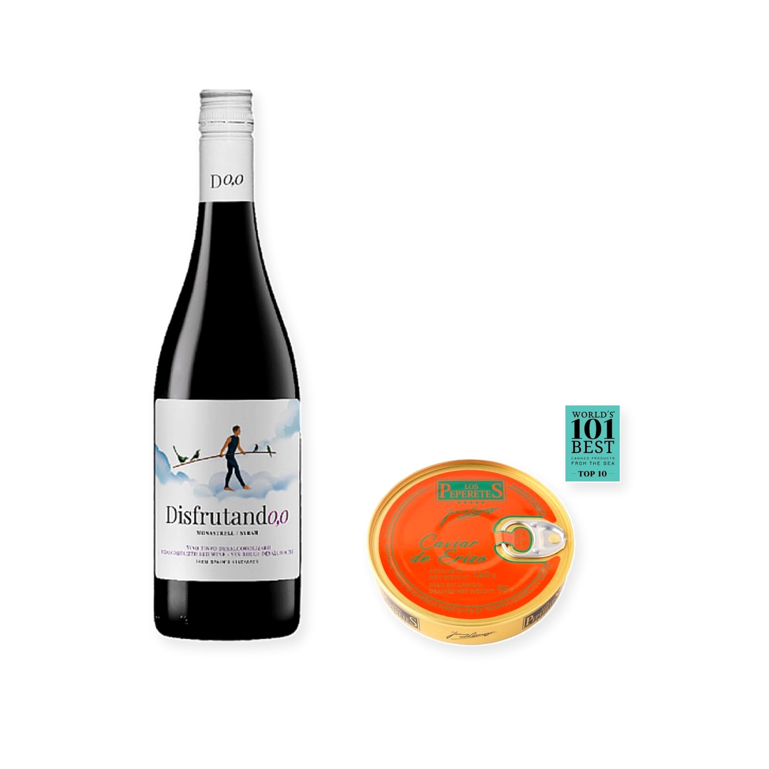 vino sin alcohol Disfrutando 0,0 Tinto con Caviar de Erizo Los Peperetes - 1 lata y 1 botella de 75 cl