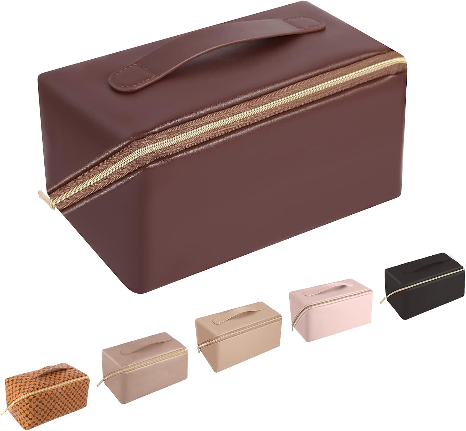 rlokosfb Makeup Bag with Handle and Divider,Large Capacity Waterproof Cosmetic Bag,Large Wide-open Pouch for Women Purse for Makeup Brushes Travel Accessories (Red Brown)