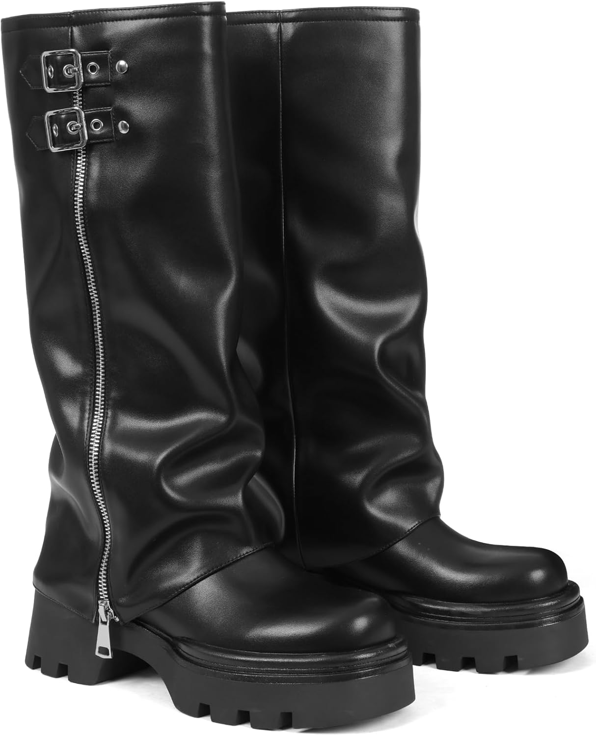 Women's Knee High Fold Over Boots Chunky Platform Lug Sole Comfortable Leather Round Toe Goth Moto Combat Dress Boots for Women - Image 5