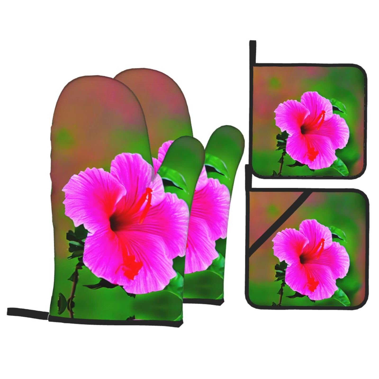 Hibiscus Flowers pattern Print Stylish 4-Piece Microwaving Oven Waterproof Kitchen Gloves Baking Holiday Cooking