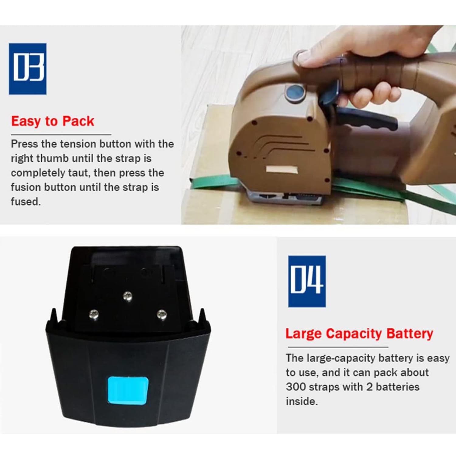 Strumento elettrico per cinghie in PET PP da 12-19 mm, Reggiatrice automatica per saldatura a caldo, Alimentato a batteria per imballaggio, portatile per imballaggi di scatole di pallet