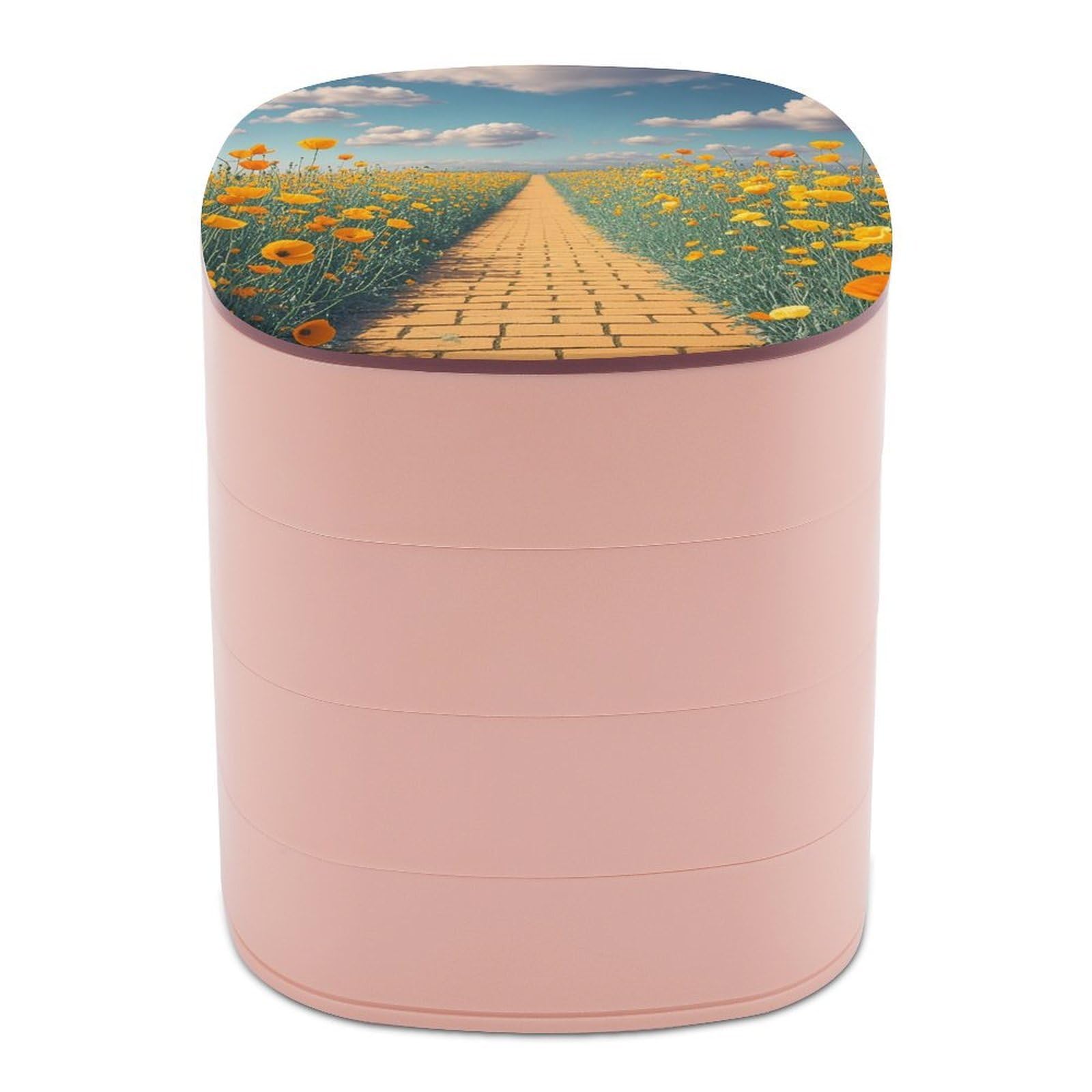 FekiLoot Rotating Poppies Field Yellow Brick Road Jewelry Box Large Capacity Jewelry Organizer with Mirror 4 Tier Hoop Ring And Earring Holder With Lid Small Travel Jewelry Case for Women