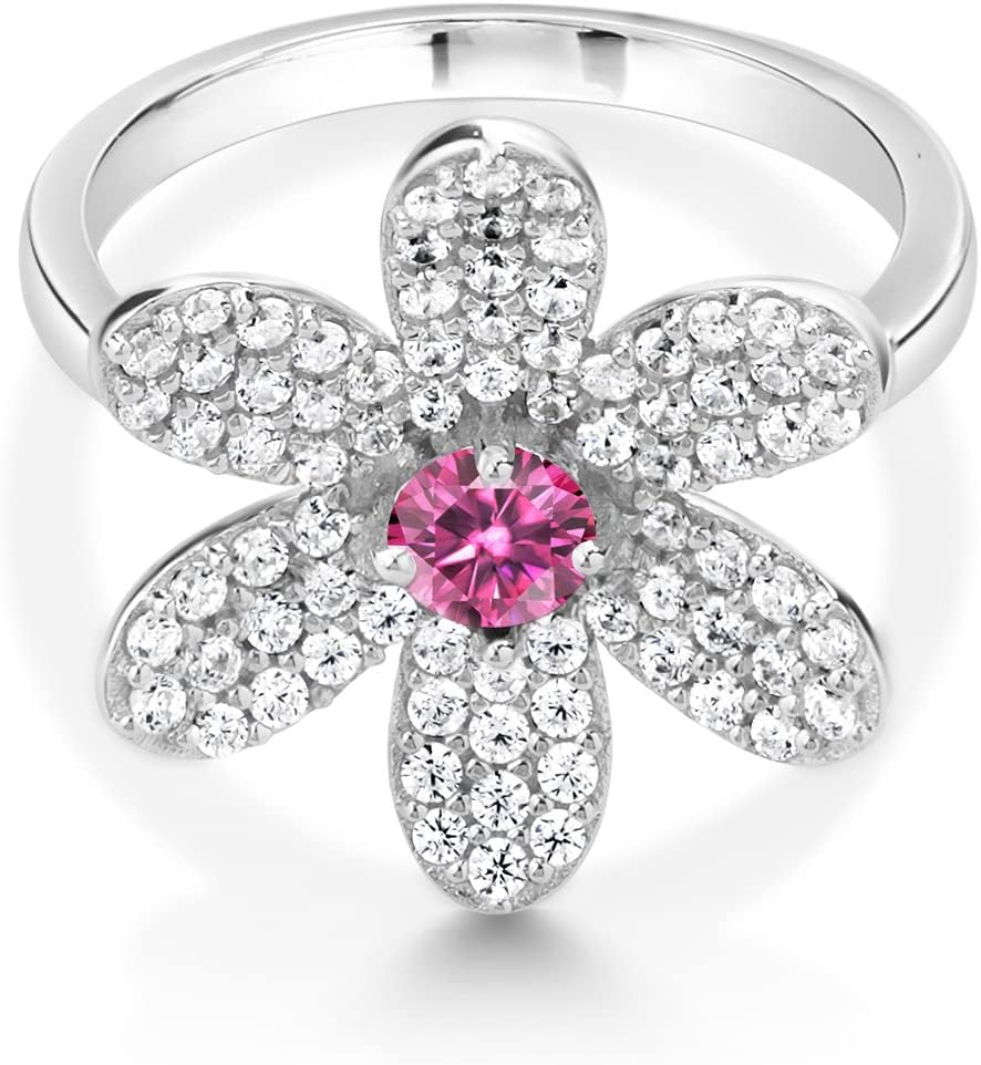 Gem Stone King 925 Sterling Silver 4MM Round Gemstone Birthstone Flower Ring For Women By Keren Hanan | Fine Jewelry Gift For Women