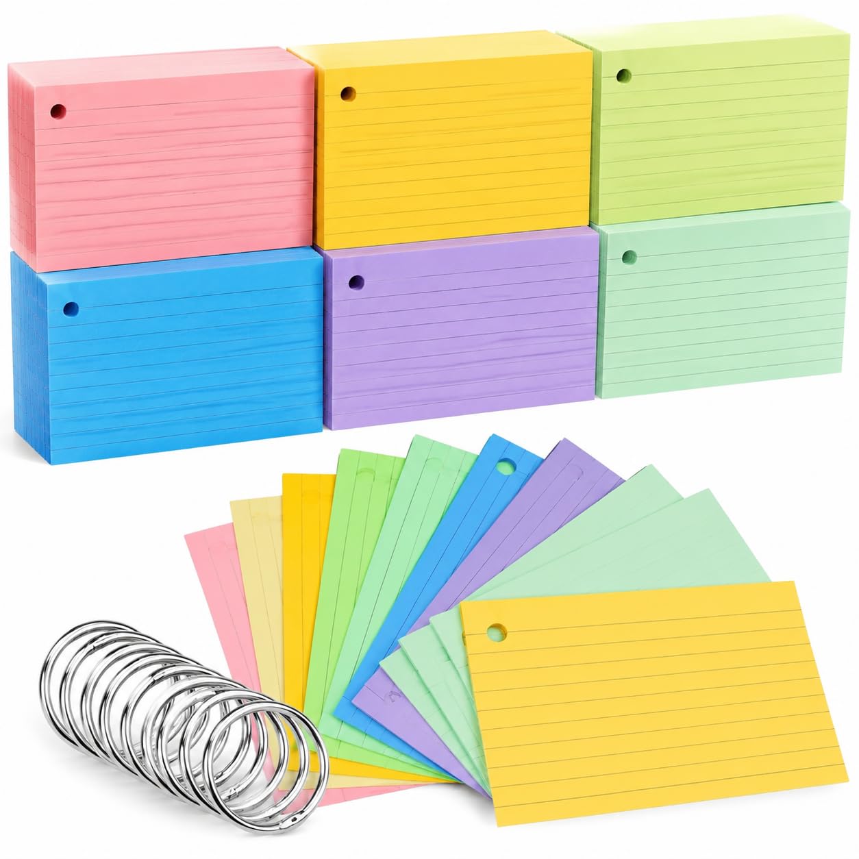 Tecmisse Karteikarten, liniert, bunte Karteikarten, 7,6 x 12,7 cm, mit Ringen, schwere Lernkarten, Notizkarten gelocht für Schule, Büro und Zuhause (6 Farben verdickt), 600 Stück