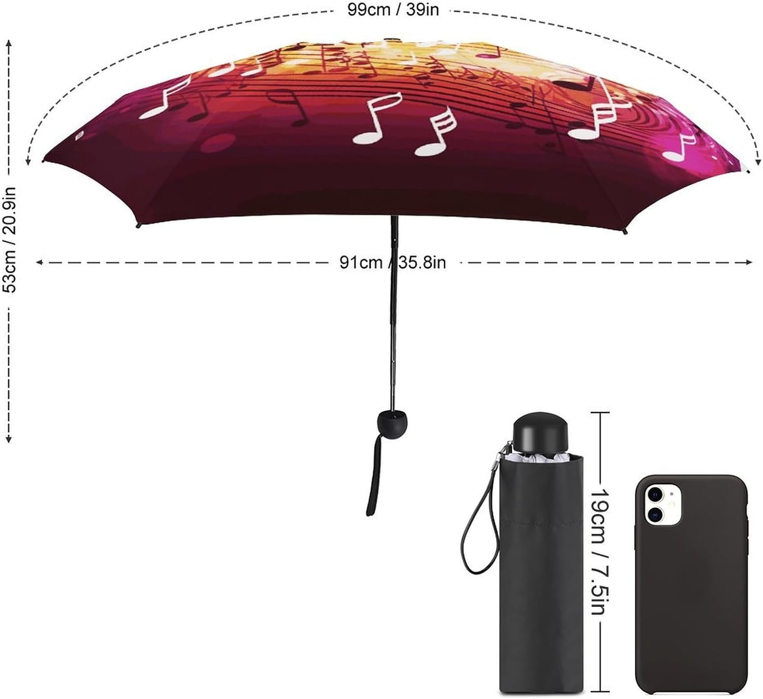 Music Notes Umbrella, Strongest Windproof 5-Fold Travel Umbrellas, Premium Portable Folding Umbrella for Rain & Sun, Compact Umbrellas for Purse Backpack, Outdoor & Gifts