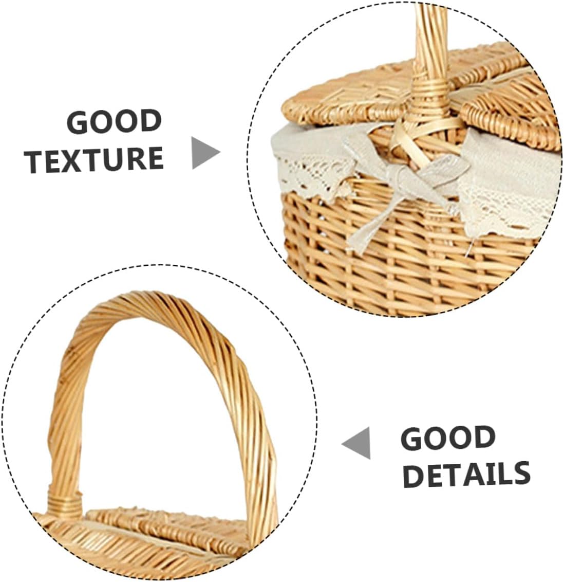 Large Handmade Wicker Picnic Basket with Lid, Medium 35x24x17cm Storage Basket for Outdoor Shopping, Vegetable Picking, and Party Bread
