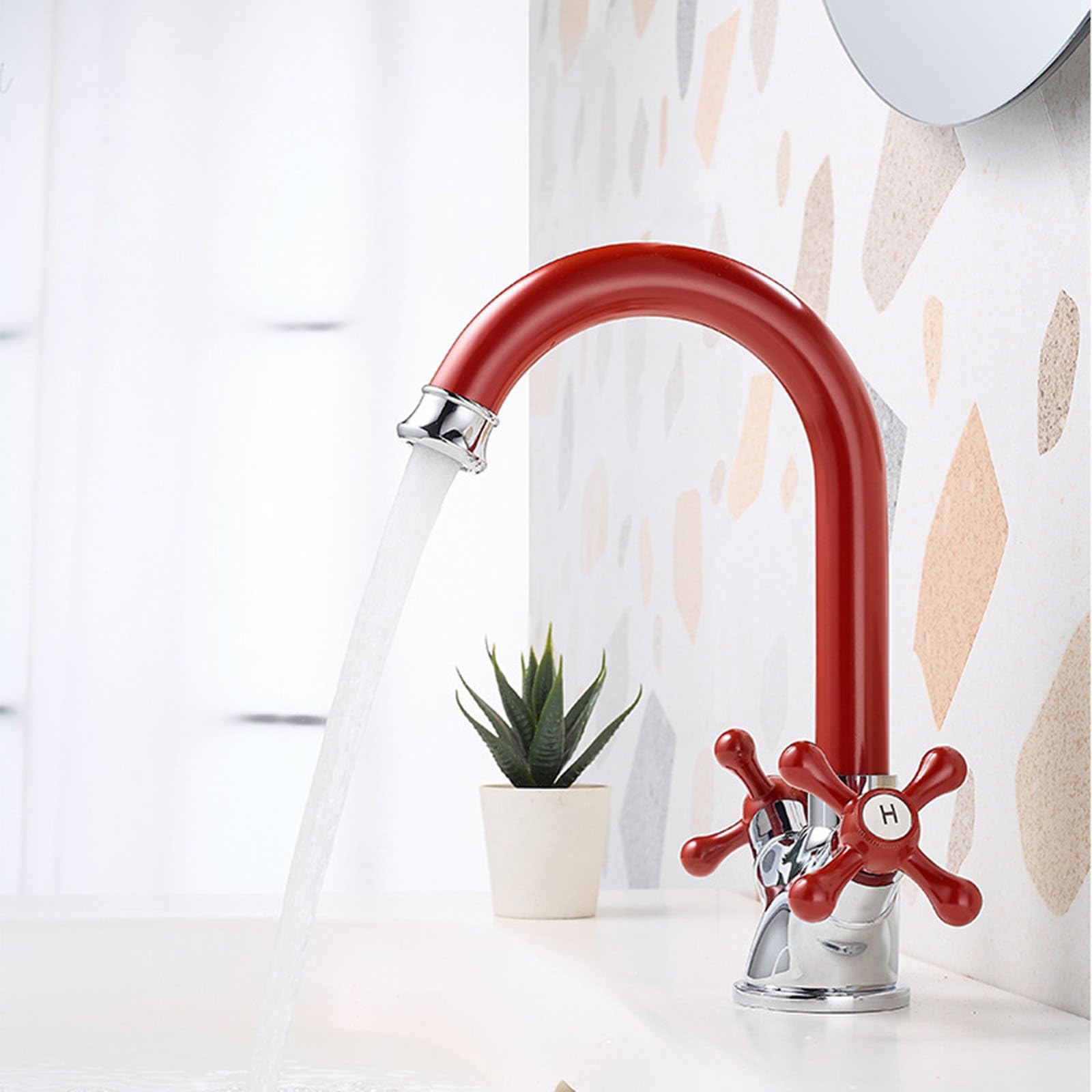 Grifo Lavabo Baño Cuello de Cisne Rotación de 360° Grifos para Lavabos de Baño 2 Perillas,rojo