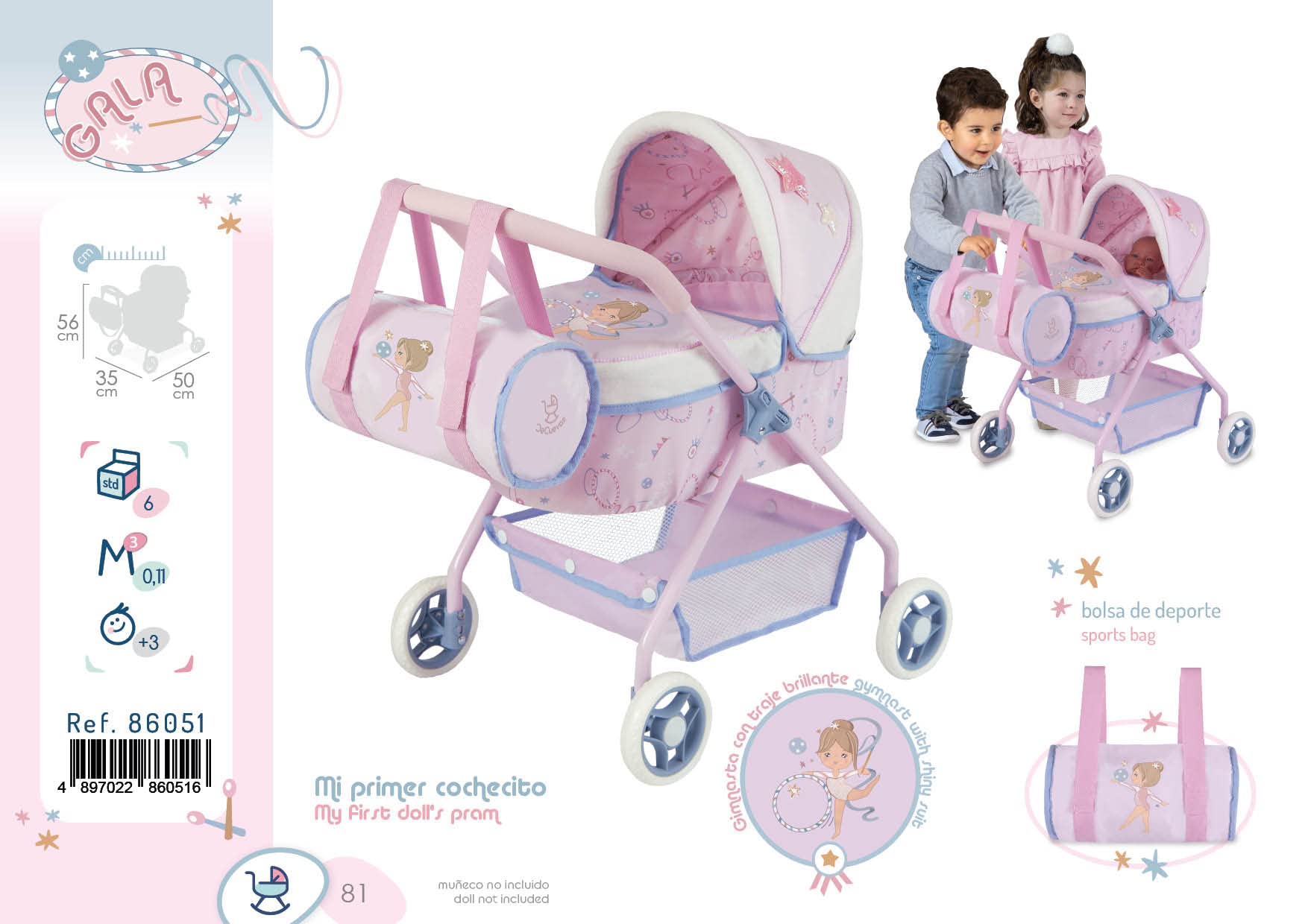 Carro de Muñecas Mi Primer Coche Gala con Bolso DeCuevas 86051, 50 x 35 x 56 cm