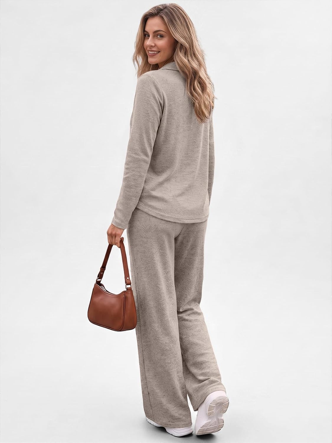 AUTOMET Women's 2 Piece Matching Lounge Sets 2026 Fall Casual Outfits | Long Sleeve Polo Shirt & Drawstring Wide Leg Pant with Pockets, Comfort Cozy Material, Airport Travel Vacation Sweat Suit